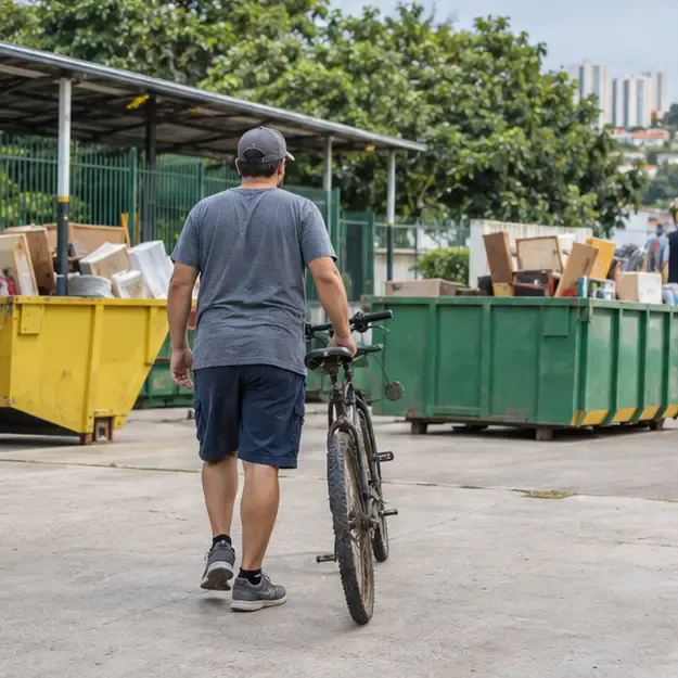 Pessoa levando uma bicicleta usada em direção a uma área municipal de entrega de resíduos