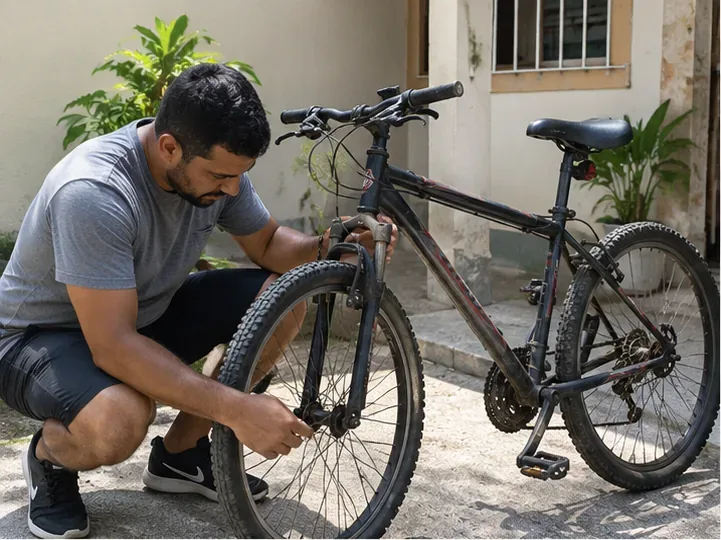 Pessoa examinando pneus, roda e quadro de uma bicicleta usada antes de decidir entre reparo, doação ou reciclagem