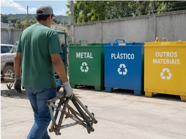 Pessoa levando um quadro metálico de bicicleta desmontada para recipientes separados de metal, plástico e outros materiais