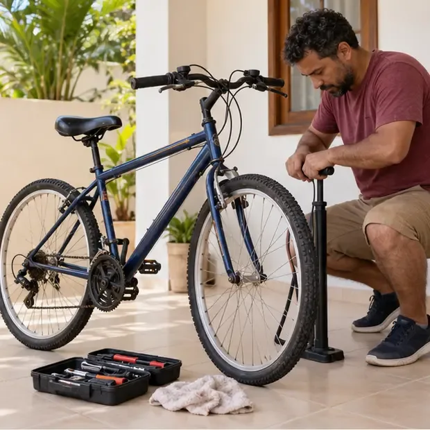 Homem calibrando o pneu de uma bicicleta em bom estado ao lado de ferramentas e um pano
