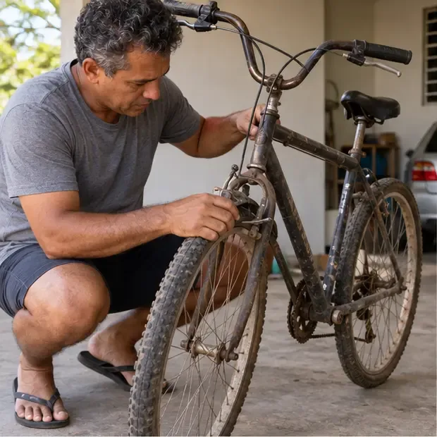 Homem examinando o freio e a roda dianteira de uma bicicleta antiga em uma área coberta
