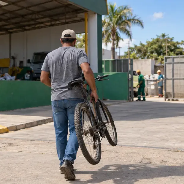 Pessoa carregando uma bicicleta em direção a uma área coberta de recebimento de materiais em uma rua ensolarada