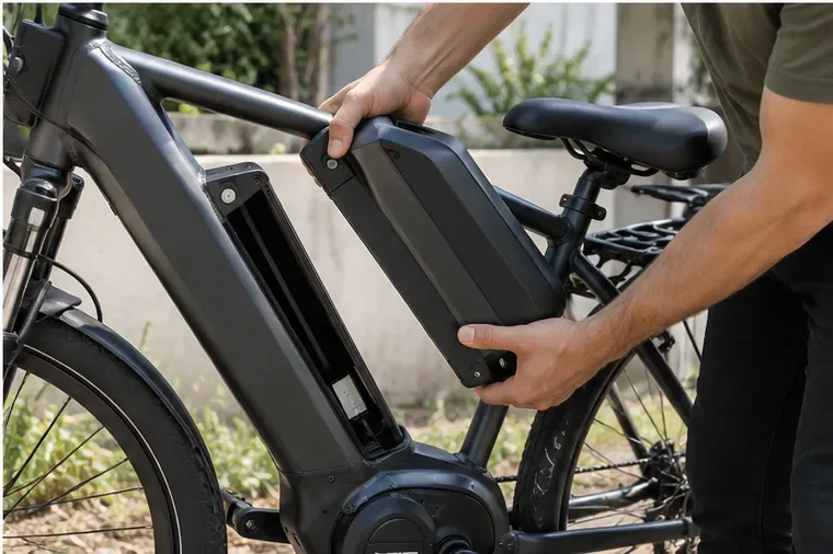 Pessoa removendo cuidadosamente a bateria externa de uma bicicleta elétrica pelo encaixe original do quadro