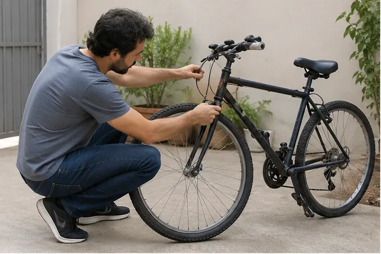 Pessoa examinando freios e roda dianteira de uma bicicleta usada antes de decidir entre conserto e descarte