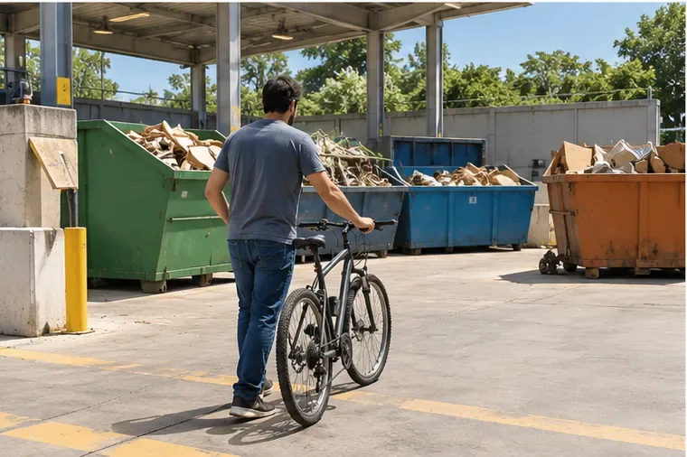 Pessoa conduzindo uma bicicleta a pé em uma área de entrega de resíduos com grandes caçambas separadas