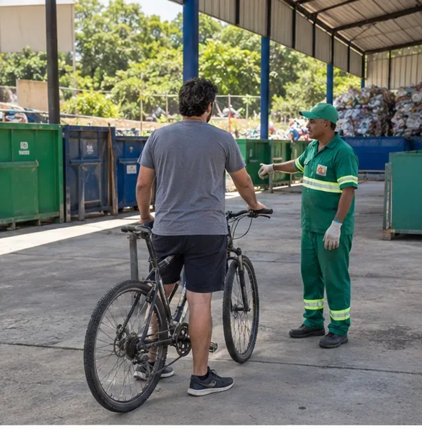 Pessoa levando uma bicicleta a um ponto ecológico com contêineres separados e um trabalhador orientando o descarte.