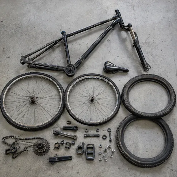 Quadro, rodas, pneus, corrente e peças pequenas de uma bicicleta danificada organizados separadamente no chão de uma oficina.