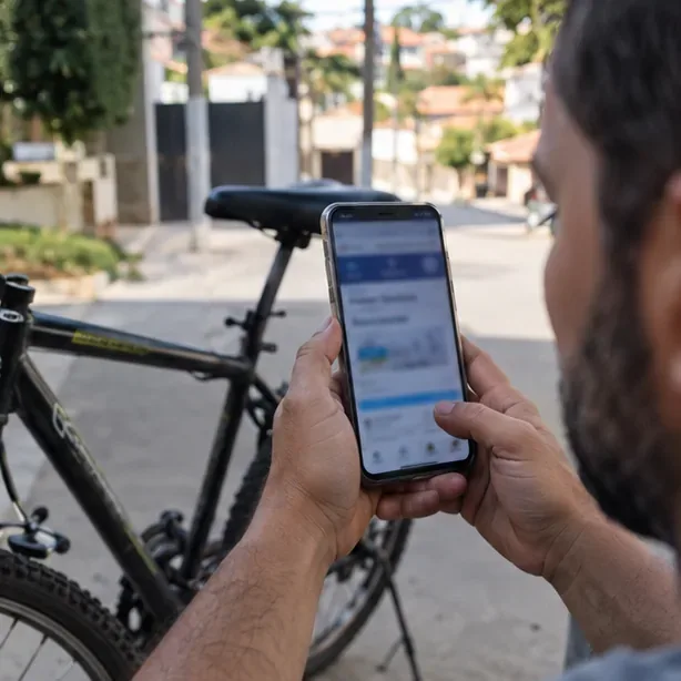 Pessoa consultando um serviço público no celular ao lado de uma bicicleta, com a tela propositalmente desfocada.