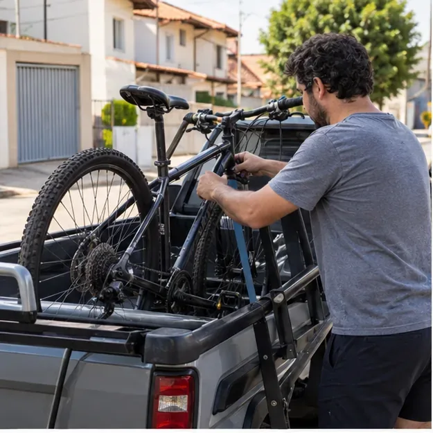 Pessoa prendendo uma bicicleta a um suporte de transporte na traseira de um veículo em uma rua residencial.