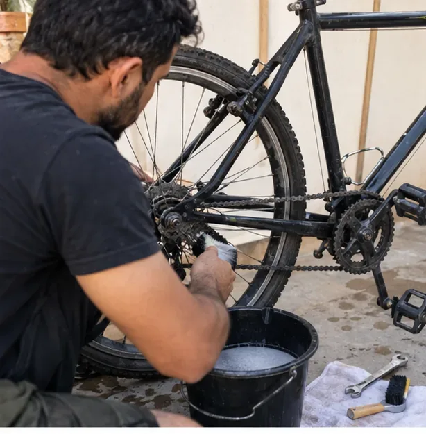 Pessoa limpando a corrente e verificando as rodas de uma bicicleta antiga com ferramentas simples.