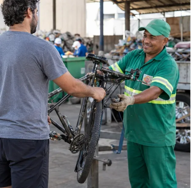 Pessoa entregando uma bicicleta a um trabalhador de reciclagem em uma área limpa de triagem de materiais.