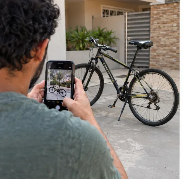 Pessoa fotografando uma bicicleta em bom estado na entrada de uma casa, com o celular sem texto legível.