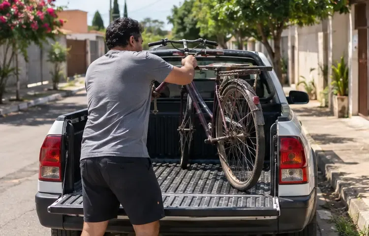 Pessoa colocando uma bicicleta antiga em uma caminhonete e mantendo o quadro preso para o transporte