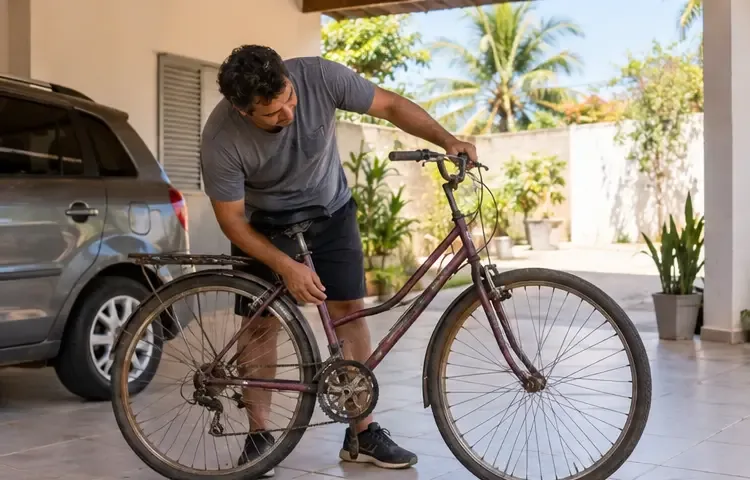 Pessoa avaliando uma bicicleta antiga em uma garagem coberta para decidir entre conserto, doação ou descarte