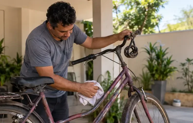 Pessoa retirando um cadeado e limpando a estrutura de uma bicicleta antiga antes do transporte