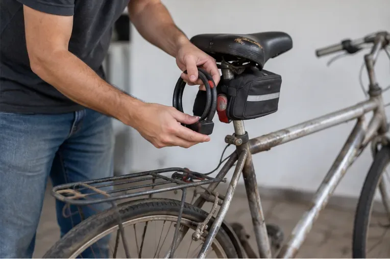 Pessoa retira cadeado e acessórios de uma bicicleta antiga antes de encaminhá-la para destinação adequada