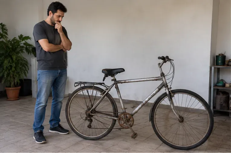 Homem avalia uma bicicleta usada e enferrujada antes de decidir entre reaproveitamento e descarte em Uberlândia