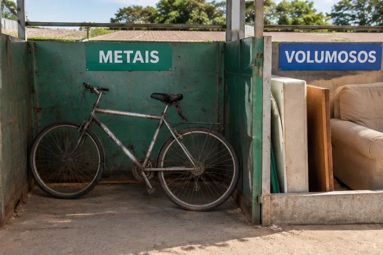 Bicicleta usada posicionada em área identificada para metais ao lado de espaço destinado a resíduos volumosos