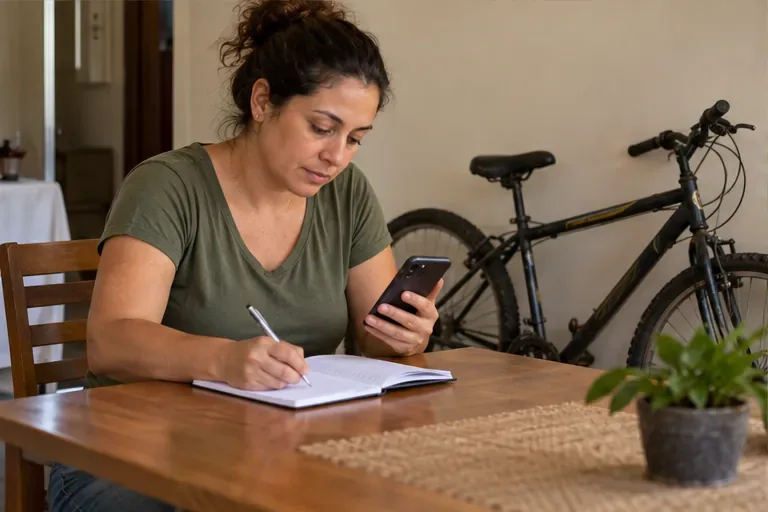 Uma moradora consulta o celular e anota informações enquanto uma bicicleta está ao fundo.