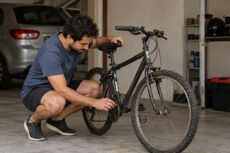 Um homem verifica a corrente e a roda traseira de uma bicicleta usada dentro de uma garagem.