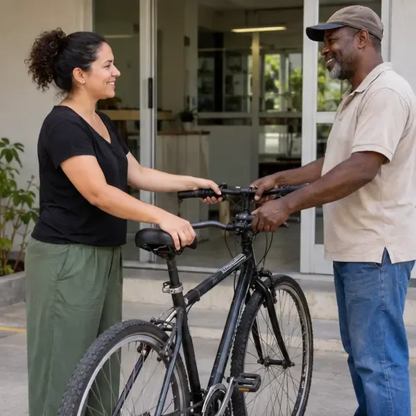 Duas pessoas fazem a entrega de uma bicicleta em bom estado na entrada de um espaço comunitário