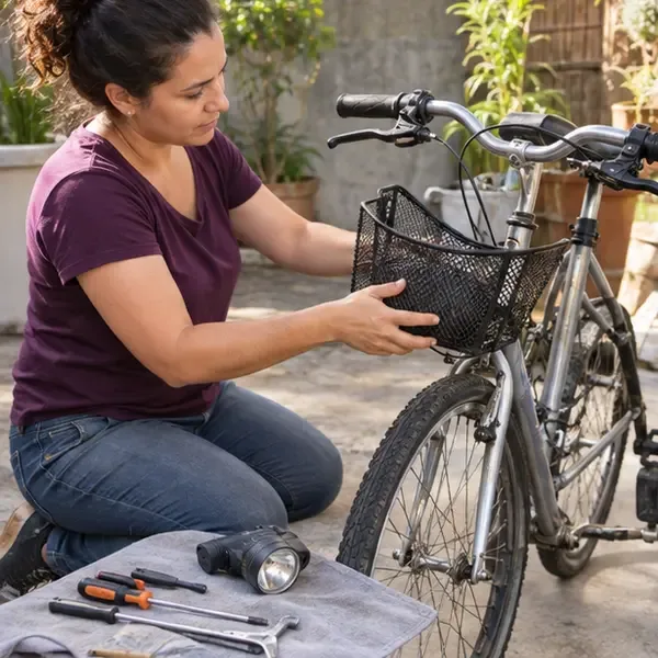Pessoa retirando uma cesta removível de uma bicicleta enquanto ferramentas ficam organizadas em uma mesa