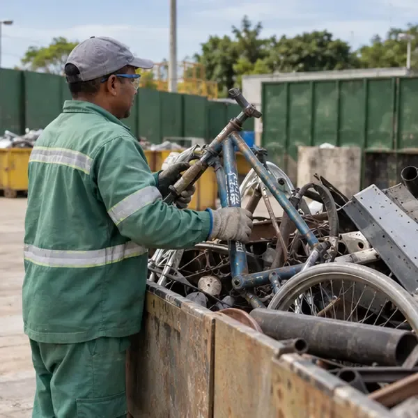 Trabalhador separando um quadro de bicicleta entre outros objetos metálicos em uma área de triagem