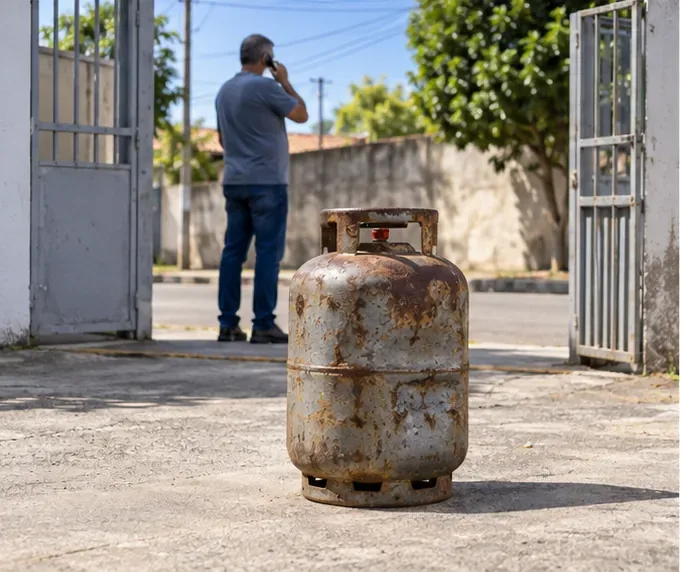 Botijão de gás enferrujado isolado em área externa enquanto uma pessoa telefona de longe
