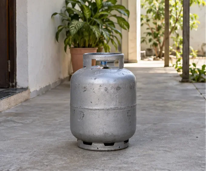 Botijão de gás vazio e íntegro em pé, separado do lixo, em uma área externa ventilada