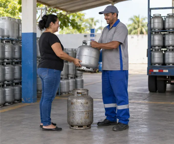Consumidora entrega um botijão vazio e recebe outro cheio em uma revenda autorizada de gás