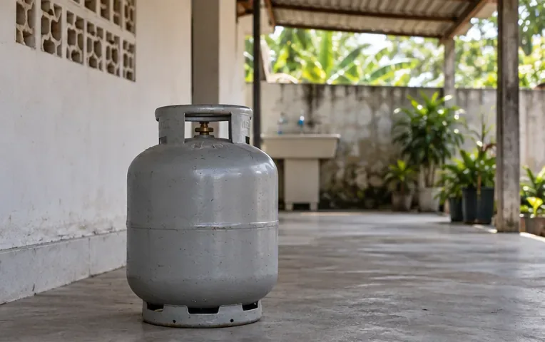 Botijão de gás cinza, íntegro e em pé em uma área coberta e ventilada.
