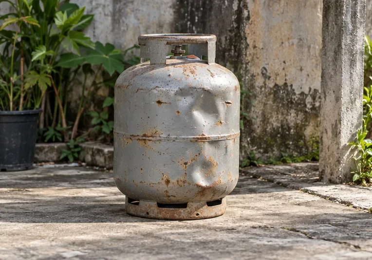 Botijão com ferrugem e amassados permanece em pé, sem ninguém tocá-lo, em área aberta.
