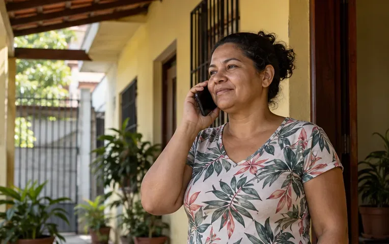 Moradora conversa pelo celular na varanda de casa para consultar uma revenda de gás.