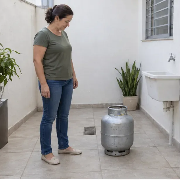 Moradora observa um botijão de aço mantido na vertical em uma área de serviço ventilada