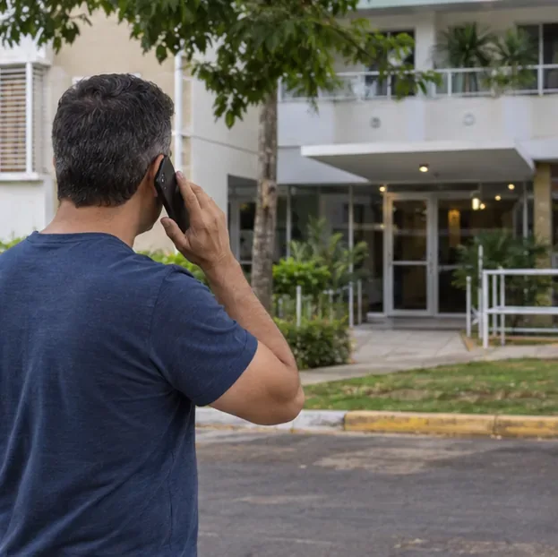 Uma pessoa já está do lado de fora, a distância da residência, e usa o telefone após suspeitar de vazamento de gás.
