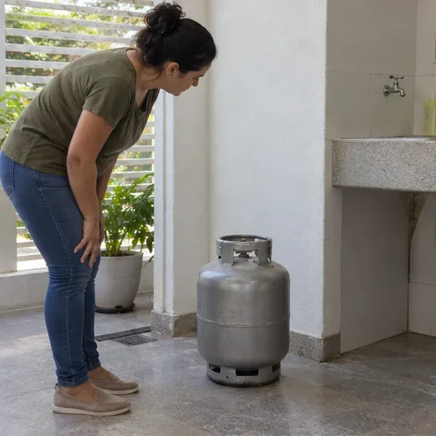 Uma moradora observa à distância um botijão P13 em pé numa área de serviço ventilada, sem mexer na válvula.