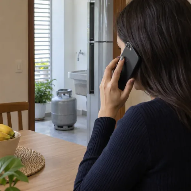 Uma moradora telefona para a revenda e confirma a devolução do botijão vazio, mantido em pé numa área ventilada.