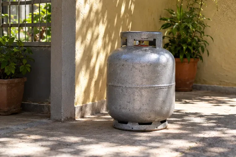 Botijão metálico isolado em posição vertical sobre piso de área externa ventilada