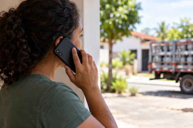 Mulher fala ao telefone diante de casa enquanto um veículo de entrega de gás aparece ao fundo
