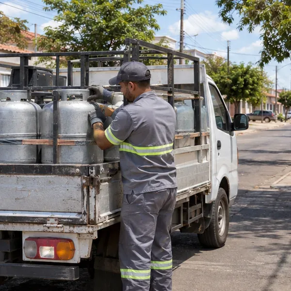 Funcionário prendendo botijões em pé na carroceria aberta de veículo de revenda autorizada