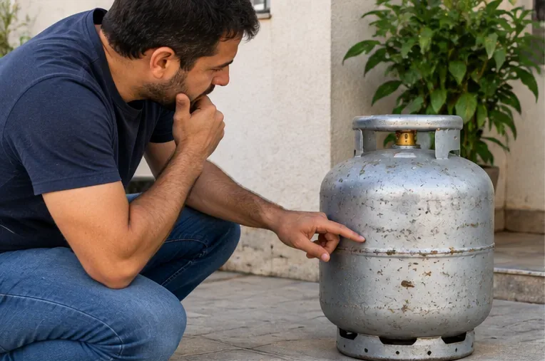 Pessoa observando a parte externa de um botijão de GLP com sinais de uso e pontos de oxidação, sem desmontar o recipiente