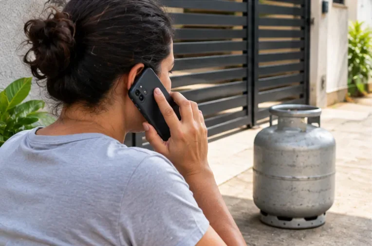 Moradora usando o telefone próximo à entrada da residência, com um botijão de GLP mantido afastado ao fundo
