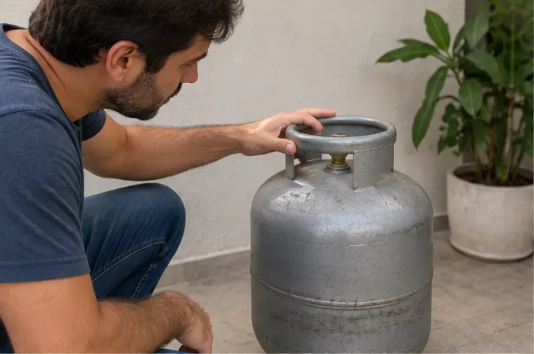 Pessoa examinando um botijão de gás cinza mantido em pé sobre piso de área externa ventilada