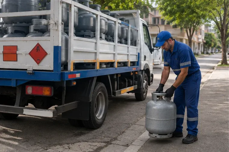 Trabalhador uniformizado ao lado de caminhão próprio para transportar vários botijões mantidos em posição vertical