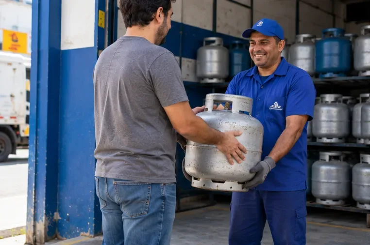 Consumidor entregando um botijão a um trabalhador em um ponto de revenda com outros recipientes armazenados