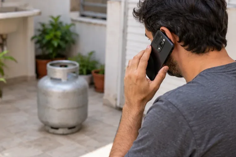 Homem telefonando para solicitar orientação enquanto um botijão permanece em área externa e ventilada