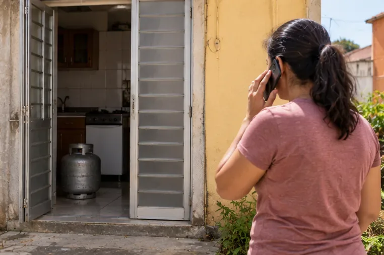 Mulher do lado de fora de uma residência telefonando enquanto um botijão permanece no interior próximo a uma porta aberta