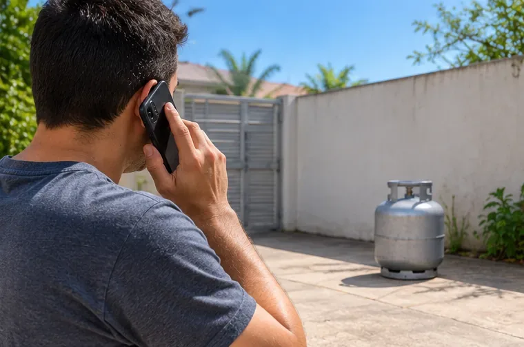 Pessoa telefona de área externa mantendo distância de um botijão de gás isolado
