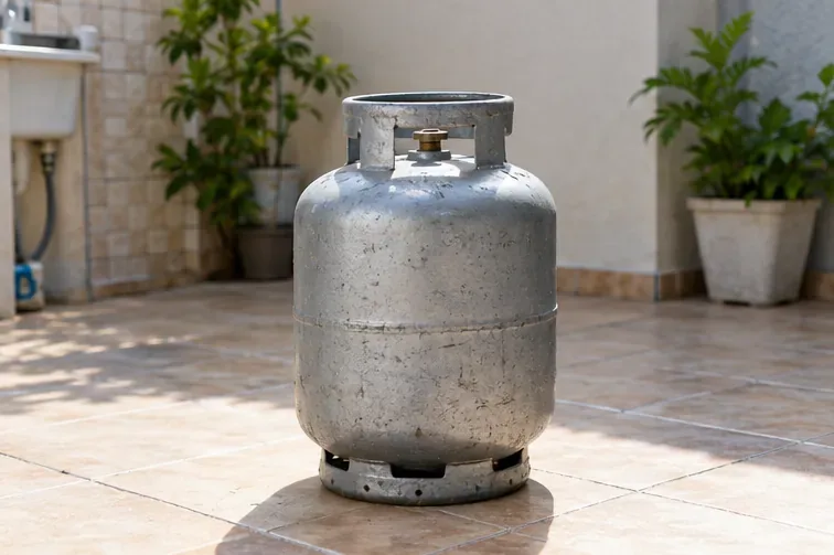 Um botijão doméstico de aço, em pé, sobre o piso de uma área de serviço externa e ventilada