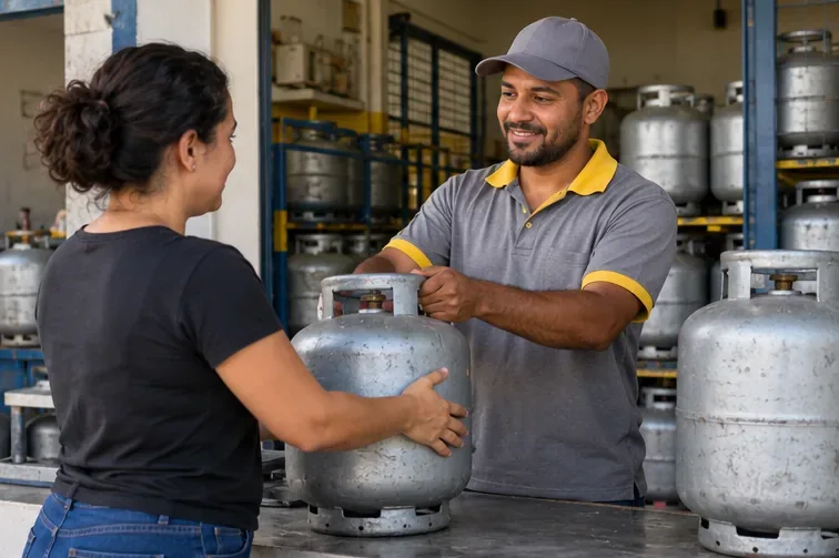 Uma consumidora entrega um botijão vazio em pé a um atendente de uma revenda de gás
